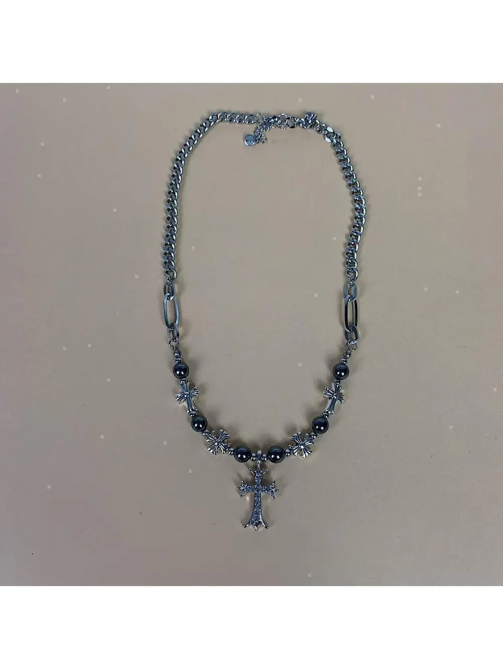 y2k 2000s style grunge chrome pearl rhinestone silver cross pendant Cuban link